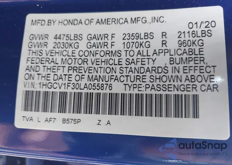 2020 Honda Accord Sport from USA, damaged, VIN 1HGCV1F30LA055876